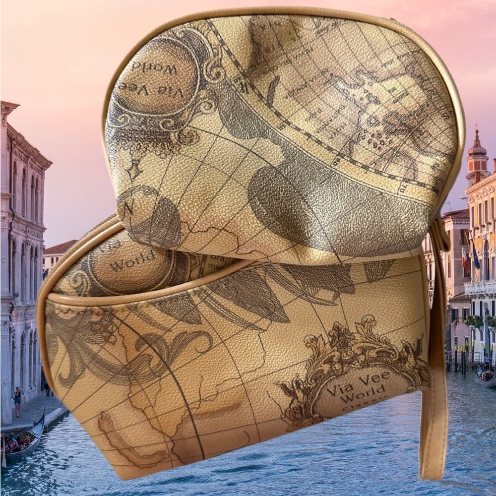 ELKA Vintage Set of 2 Map Print Travel Cosmetic Bags